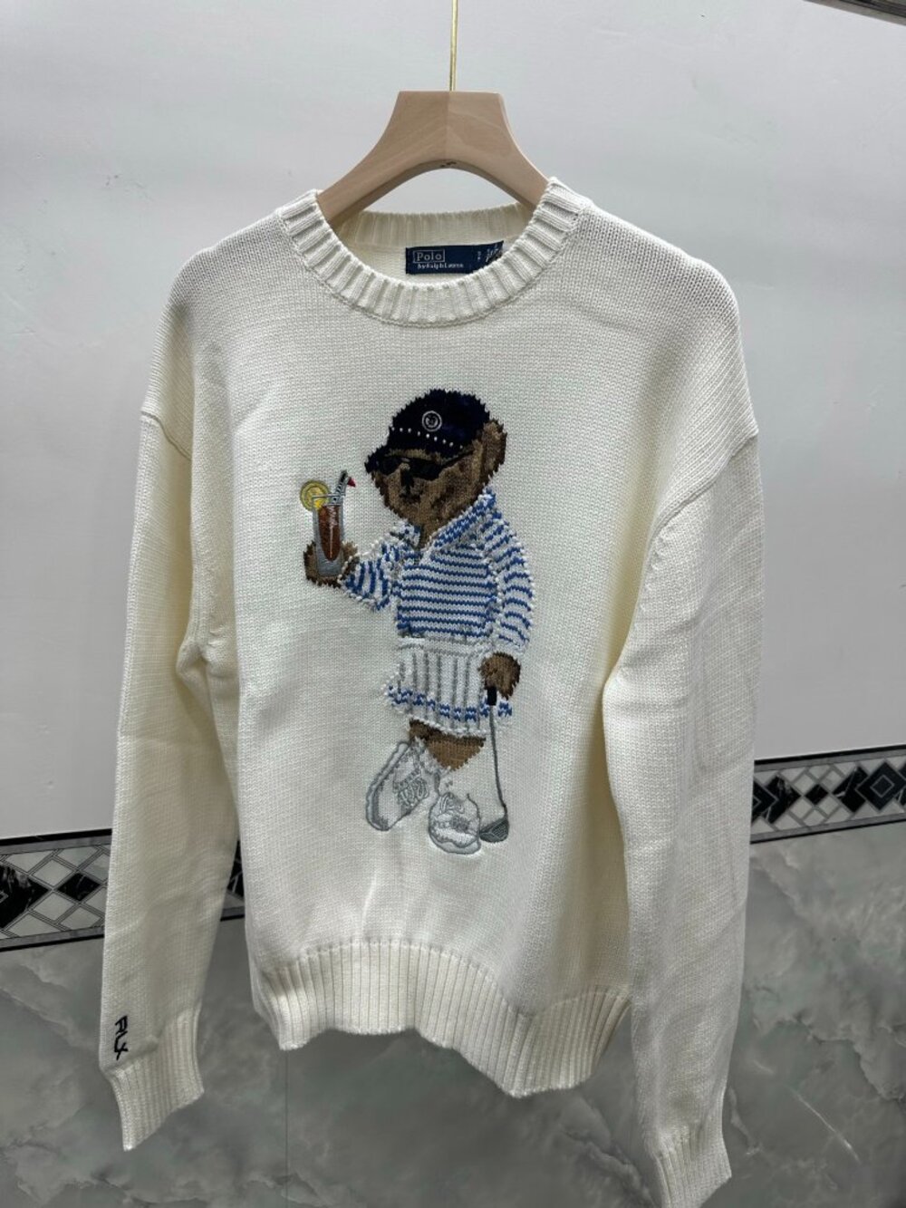 Polo Ralph Lauren Off White Golf Lady Polo Bear Crewneck Knit Sweater